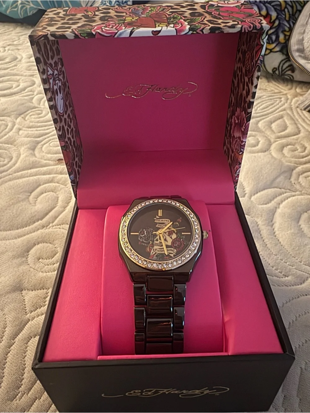 Black Ed hardy Metal Bracelet Watch with Floral Skull Dial and Crystal Bezel